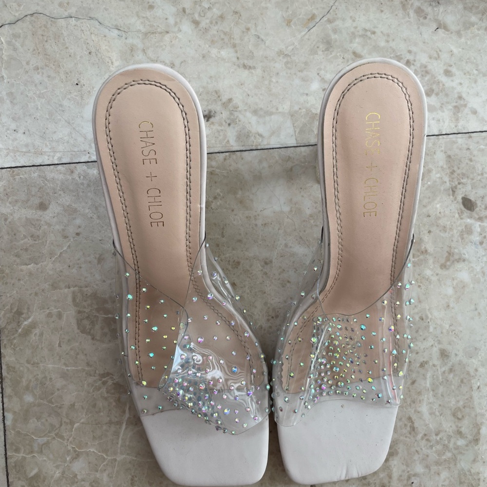 Chase + Chloe Women's Clear and White Embellished Heels